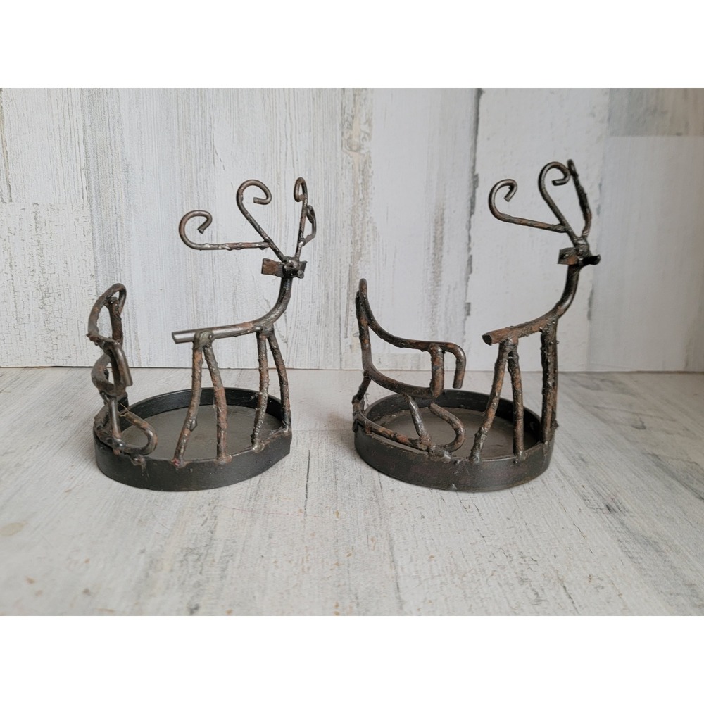 Vintage metal rustic reindeer candle holder Xmas set home decor deer